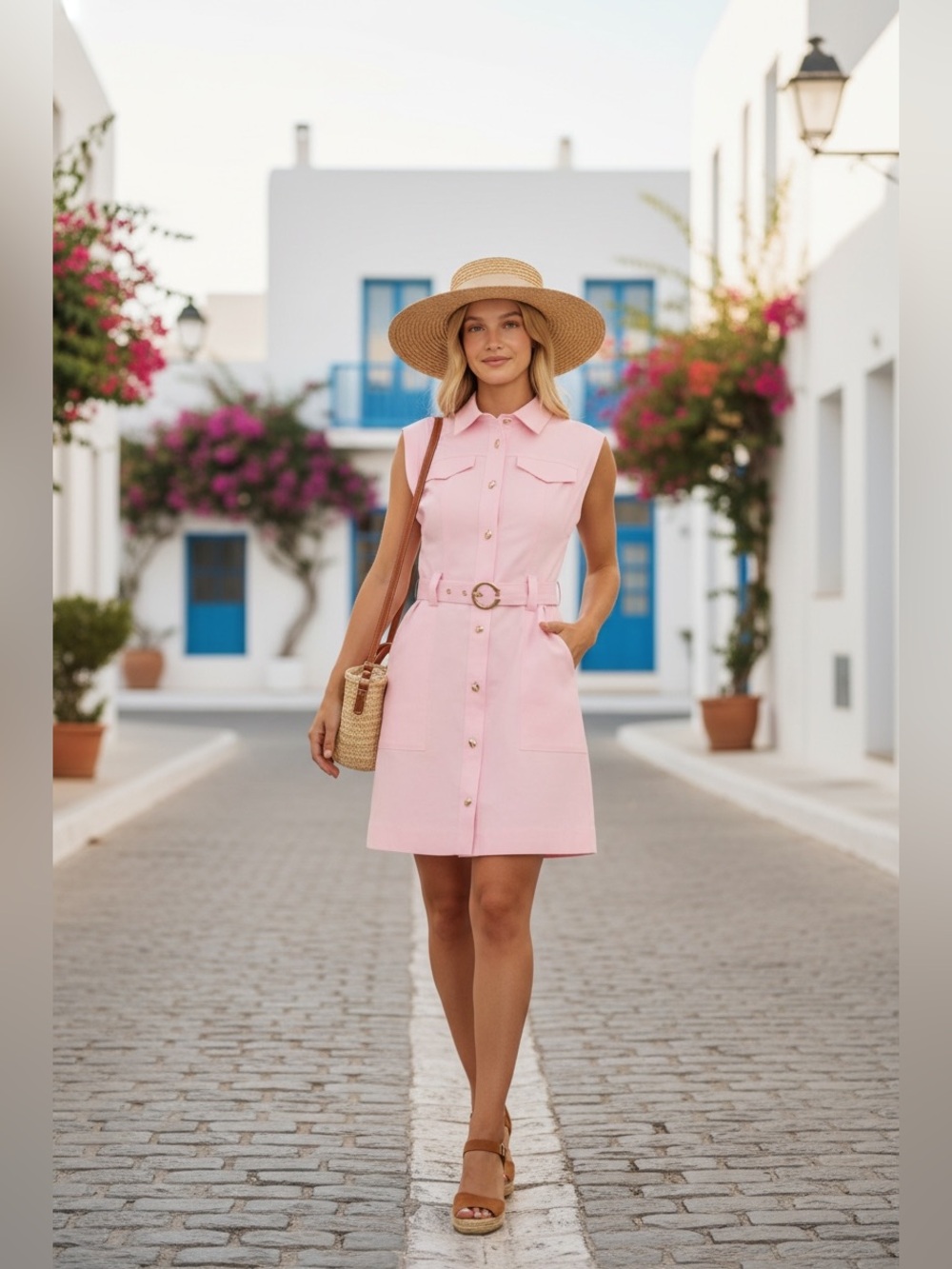 Mainstrip| Pink Utility Stretch Belted Button Down dress| SML